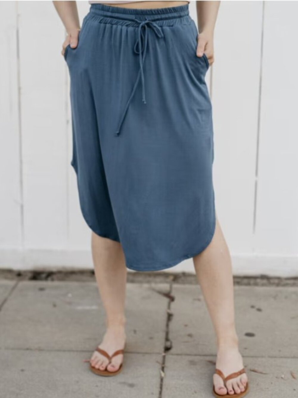 Sozy Dusty Denim Camila Knee Length Drawstring Skirt with Pockets
